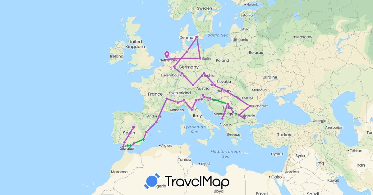 TravelMap itinerary: bus, train in Austria, Czech Republic, Germany, Denmark, Spain, France, Hungary, Italy, Norway, Sweden, Slovenia, Slovakia (Europe)